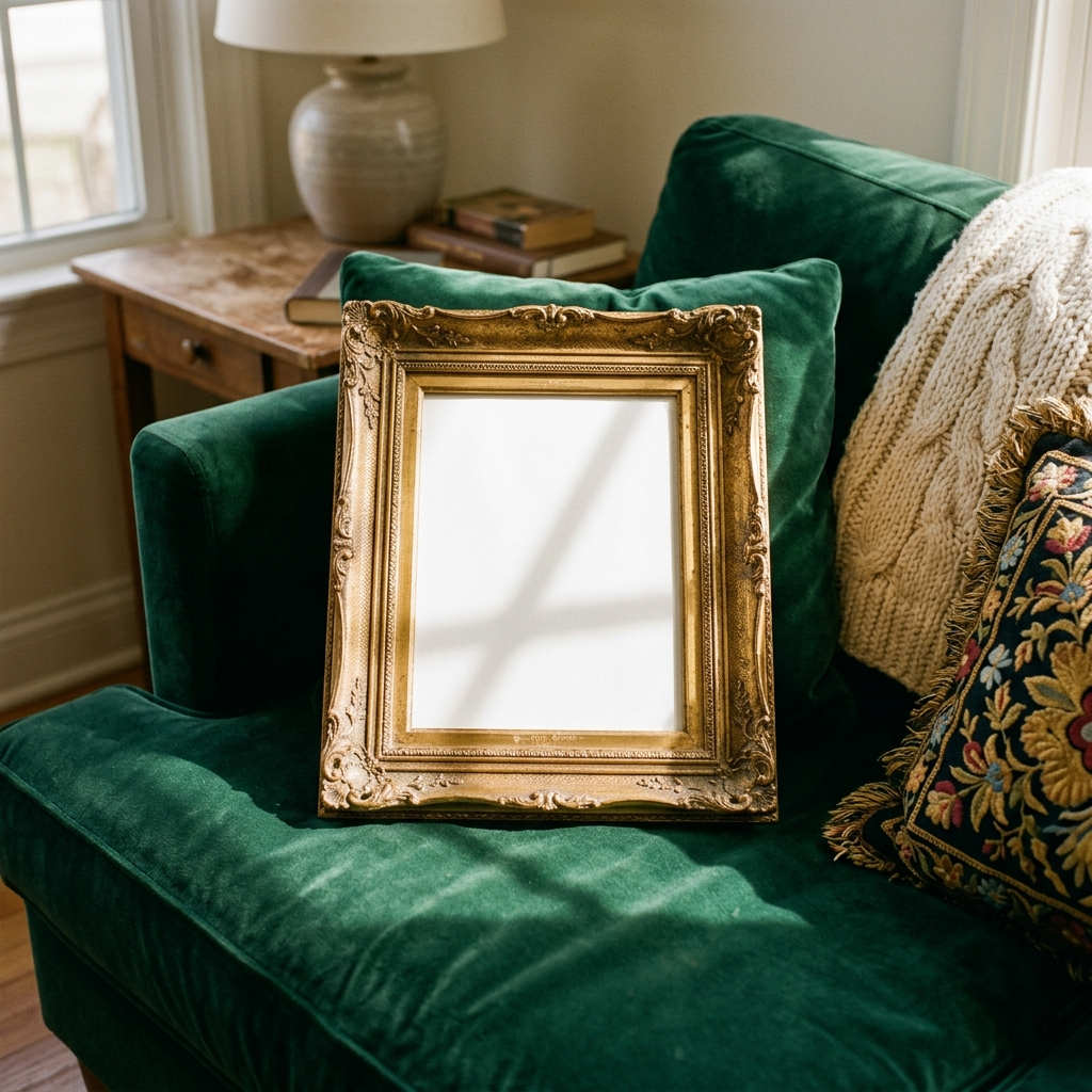 Free Gold Luxurious Moody Emerald Warm Sunlight Mockup - High Resolution | Synclisto