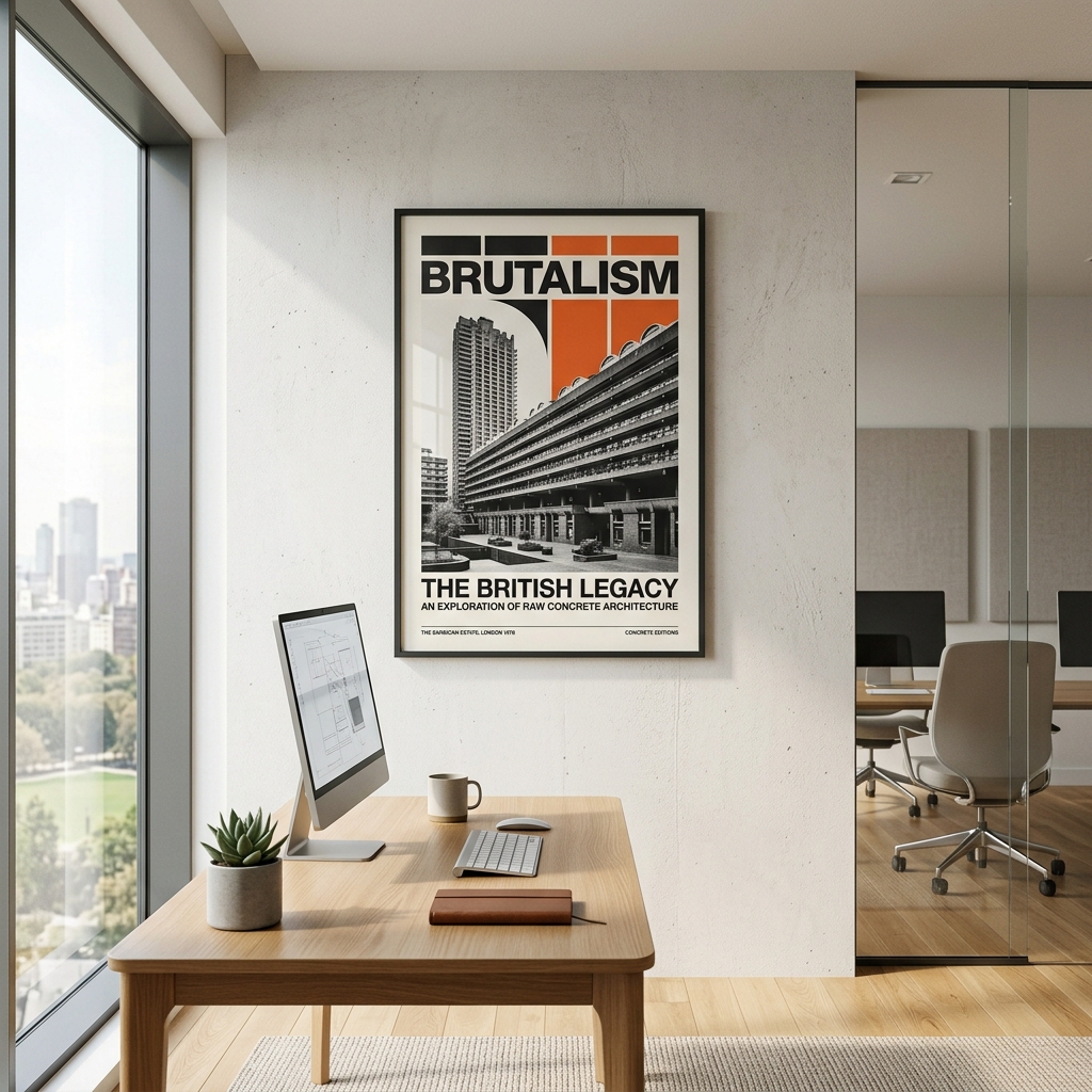 70s brutalist architecture poster in a minimalist office