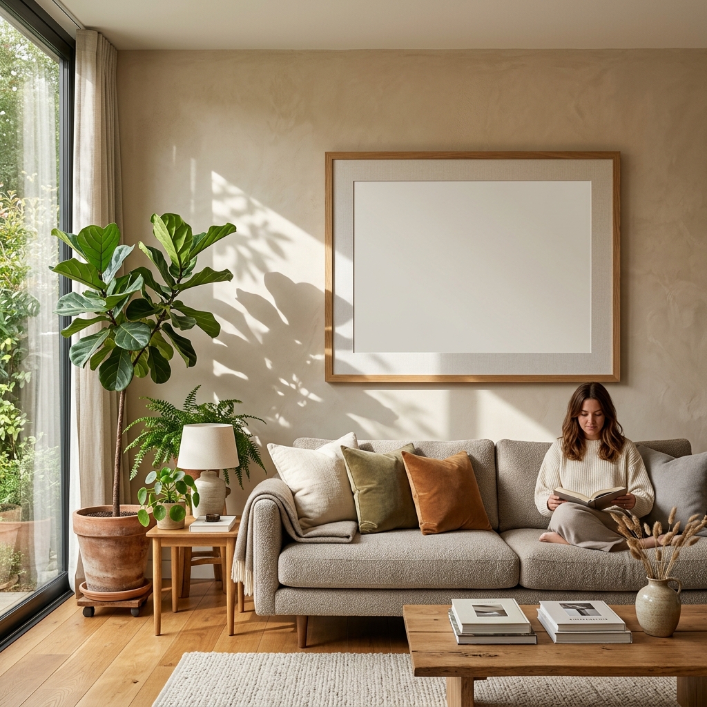 Hyper-realistic lifestyle mockup in an elegant sunlit living room